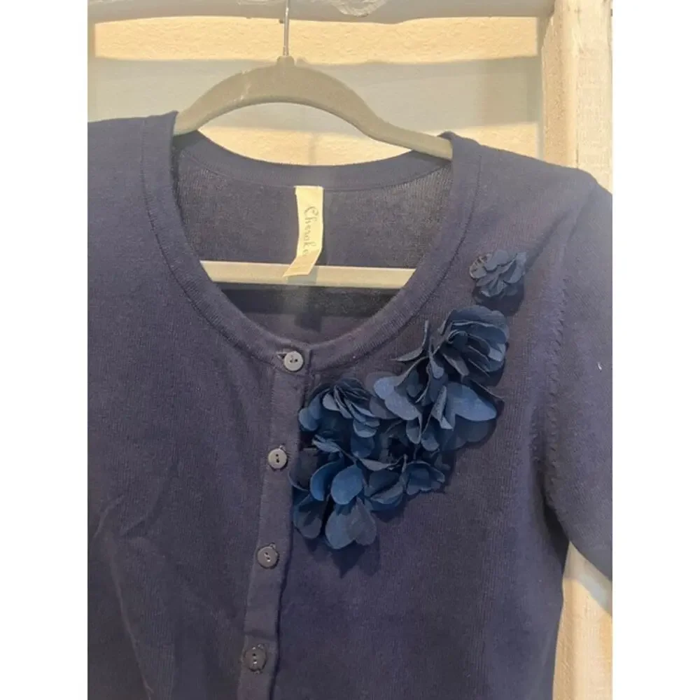 Cherokee Girls Navy Cardigan Sweater XL Button Front Floral Accent NWT